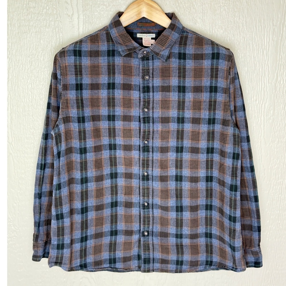 Carbon2Cobalt Mens Large Blue Brown Plaid Cotton Long Sleeve Button Down Shirt